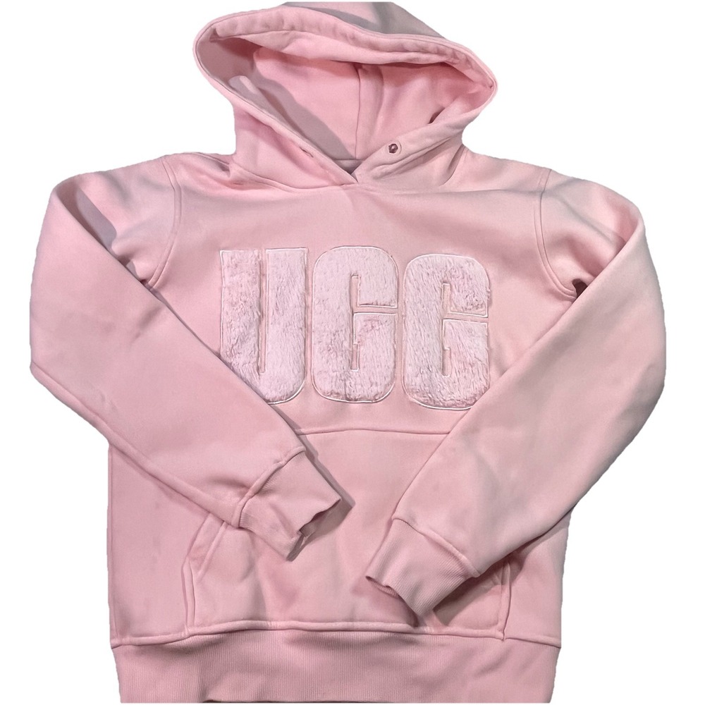 EUC UGG Rey Fuzzy Faux Fur Logo Fleece Sweatshirt Light Pink Hoodie Women's XS